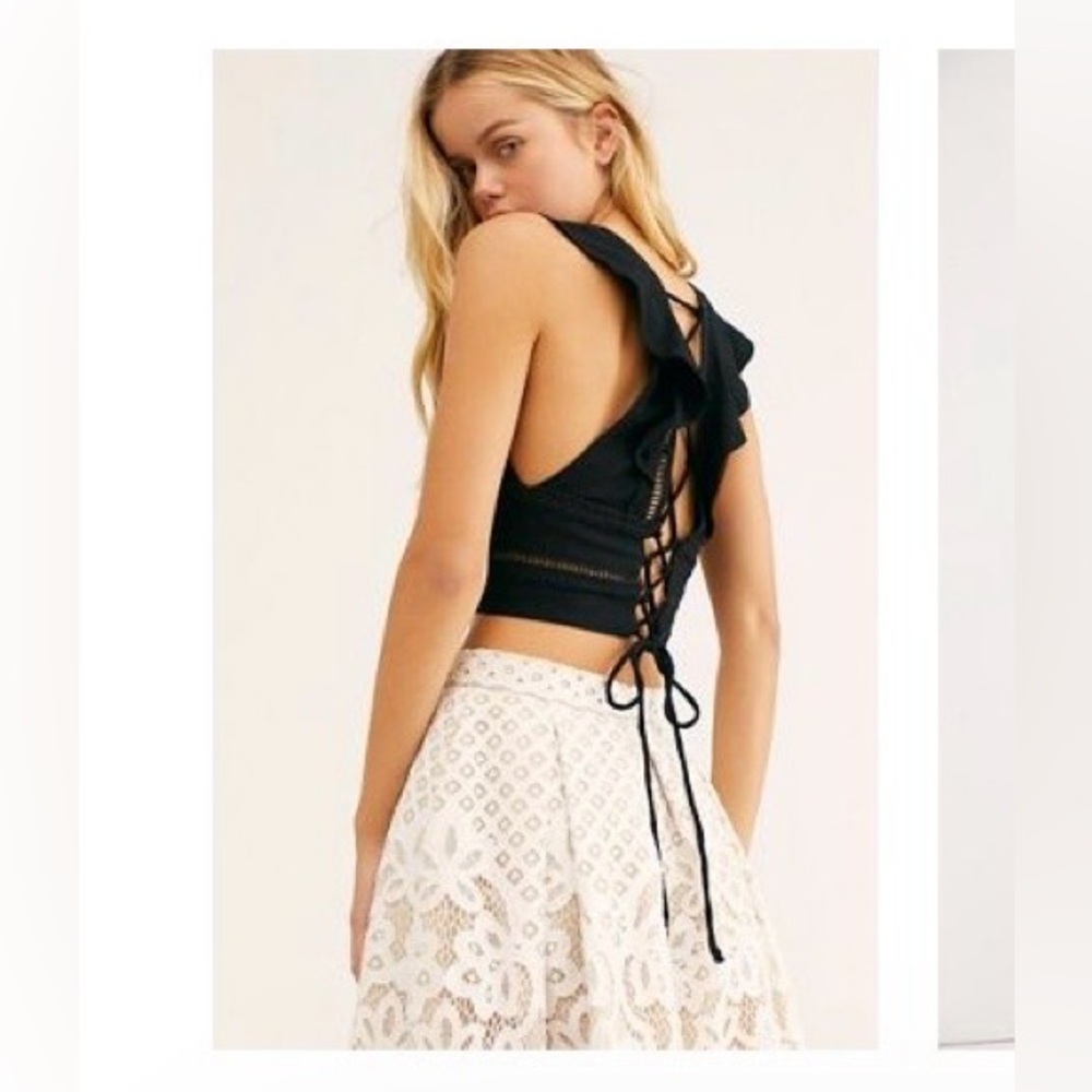 Free People Black Lace-Up Crop Top - Ruffled Straps